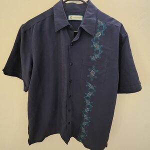 Havanera Co Shirt Mens Navy Embroidered Guayabera Shirt Medium Vintage Feel